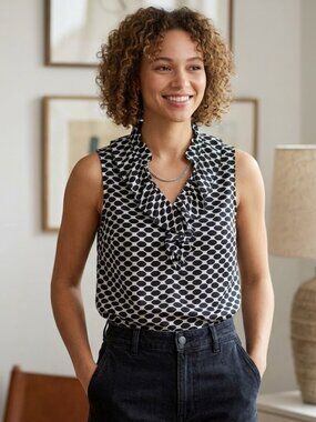 Davina Women's Top Ruffle Neck Sleeveless Blouse Size M Office Work Casual